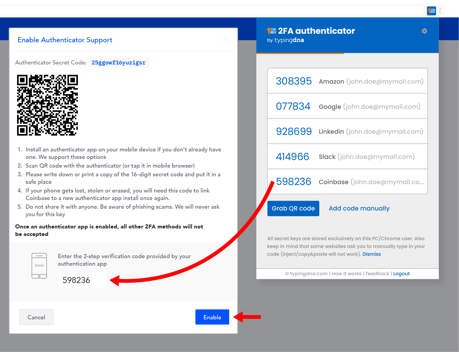 How to add coinbase to authenticator bch to php